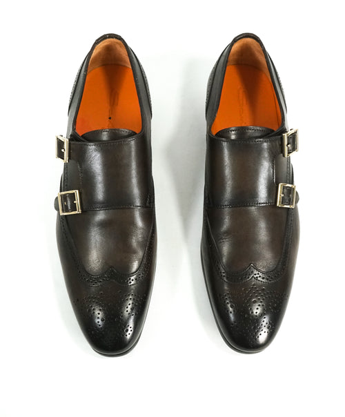 SANTONI - "Belmont” Black/Gray & Gold Wingtip Leather Monk Strap Loafers - 8