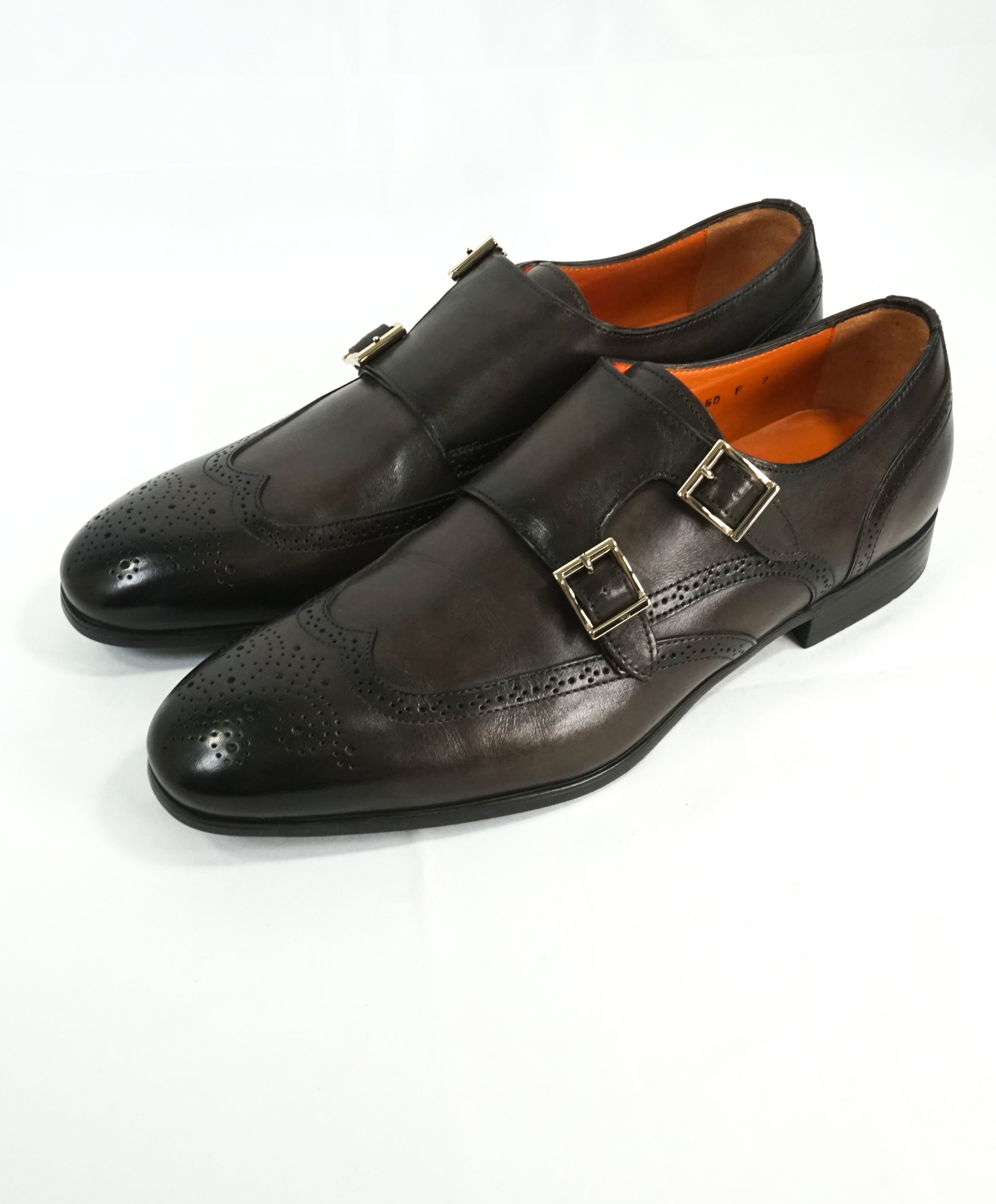 SANTONI - "Belmont” Black/Gray & Gold Wingtip Leather Monk Strap Loafers - 8