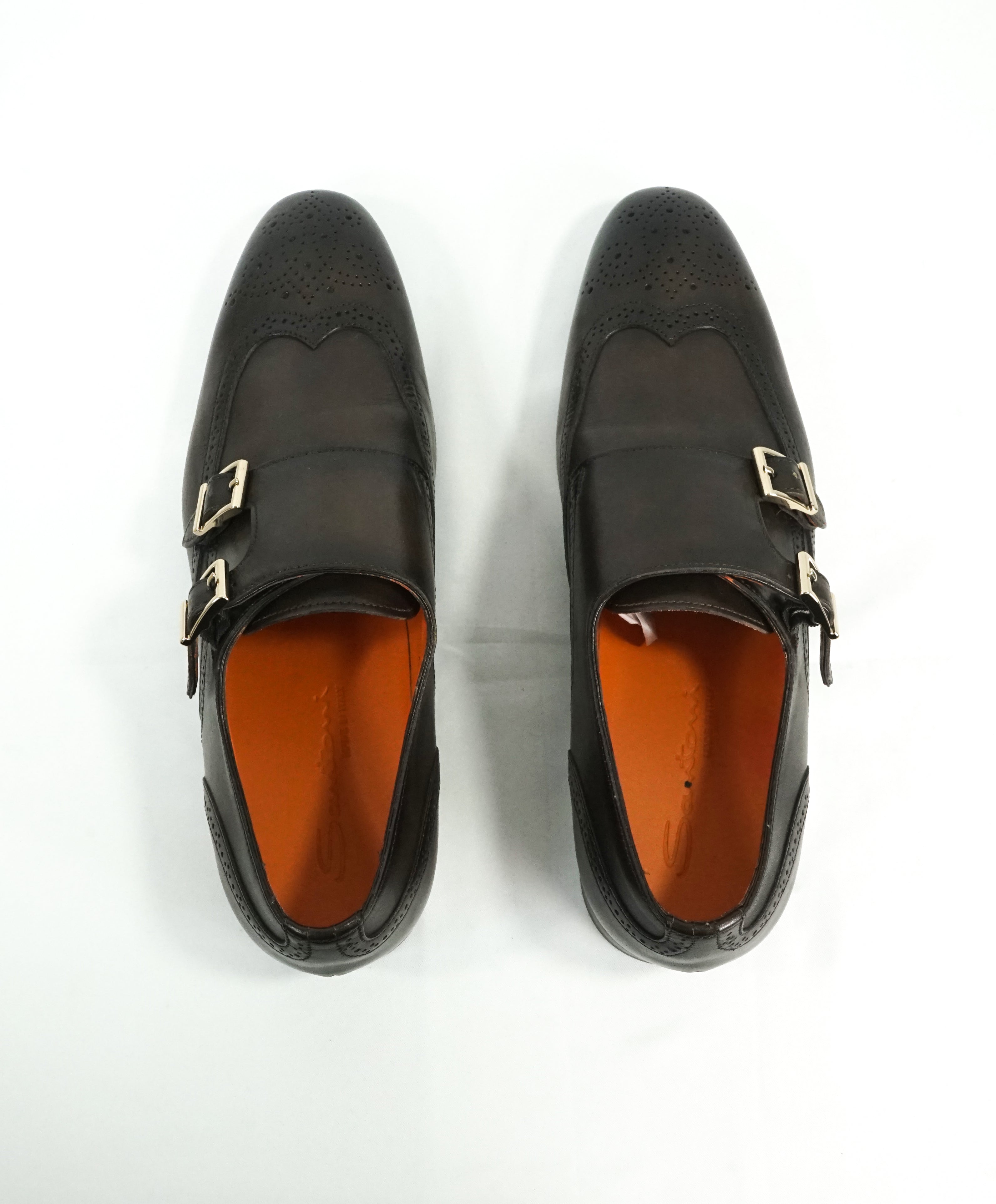 SANTONI - "Belmont” Black/Gray & Gold Wingtip Leather Monk Strap Loafers - 8