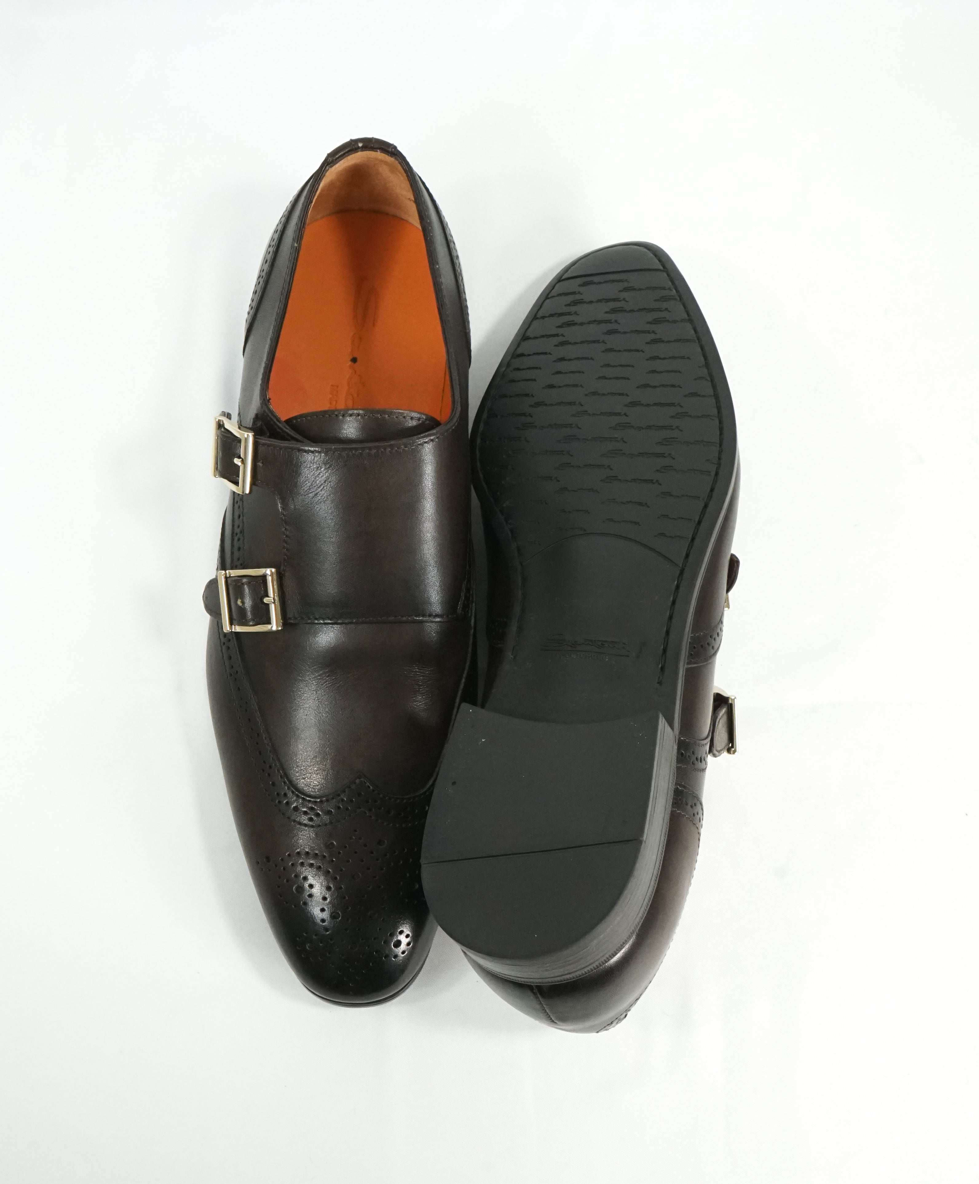 SANTONI - "Belmont” Black/Gray & Gold Wingtip Leather Monk Strap Loafers - 8