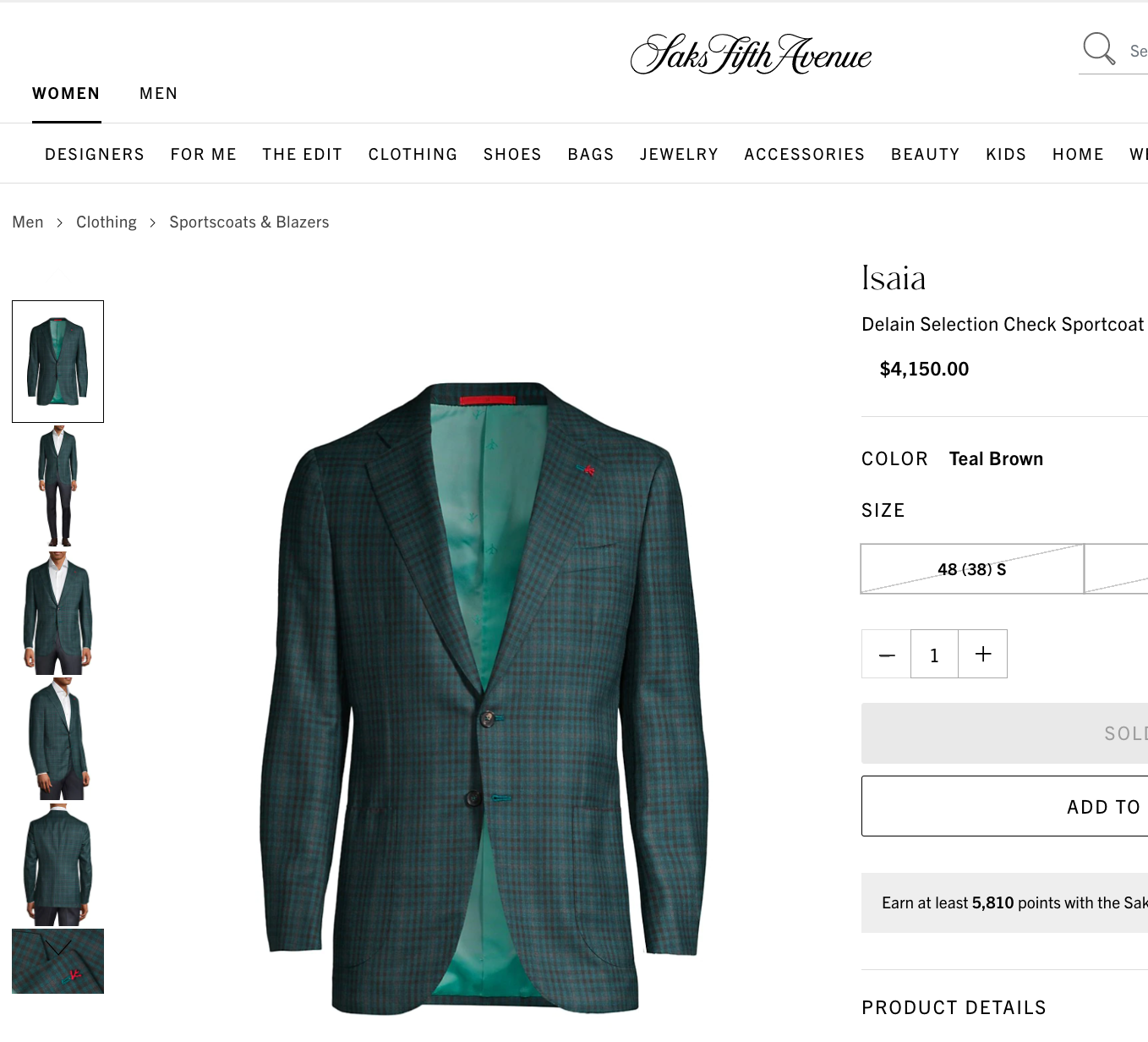 ISAIA - Green "Teal/Brown" Bold Check Plaid "Delain Select" Blazer W LOGO- 42L