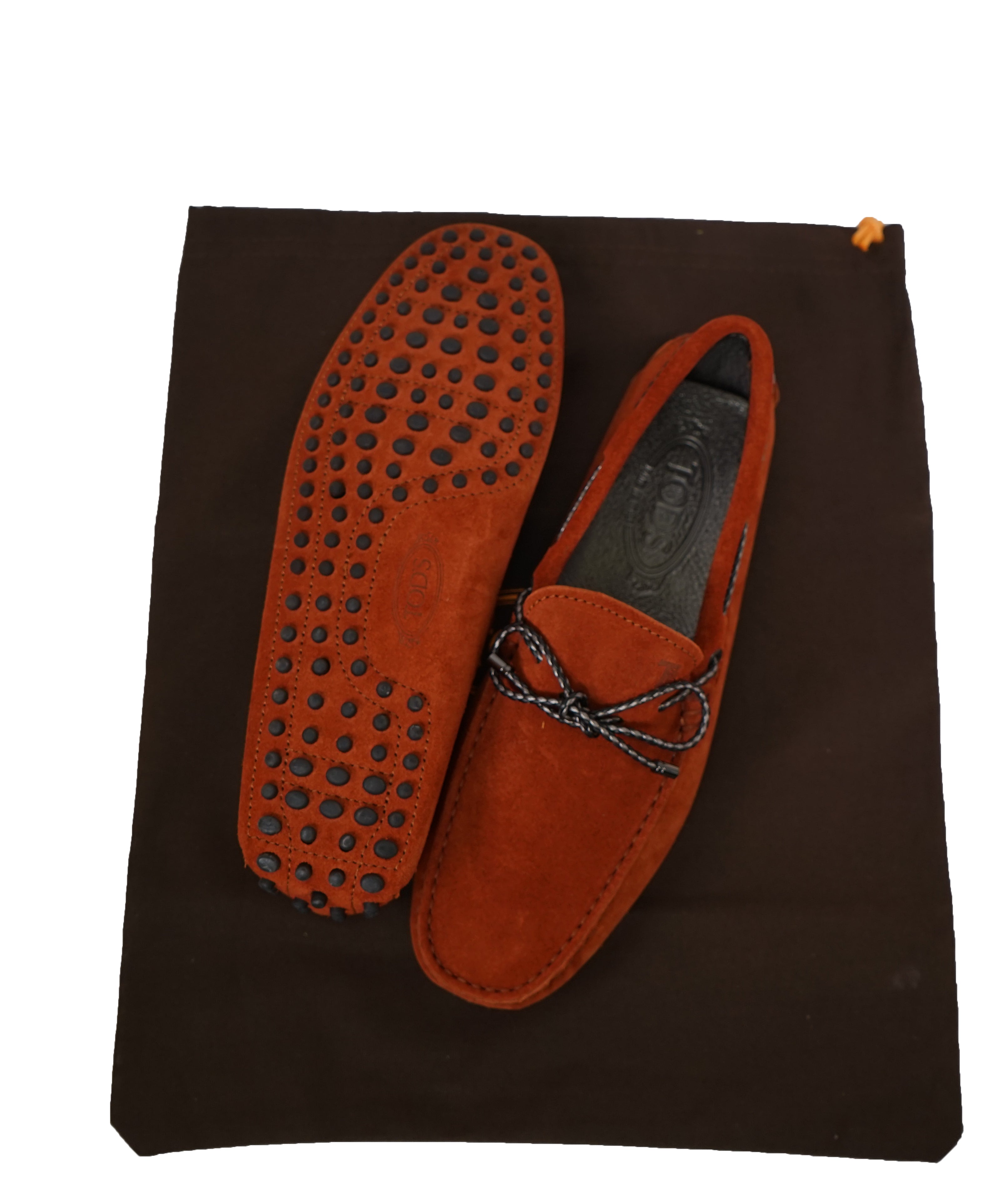 TOD’S - Red Rust Textured Knot Front Logo Suede “Laccetto Gommini” Loafers- 6