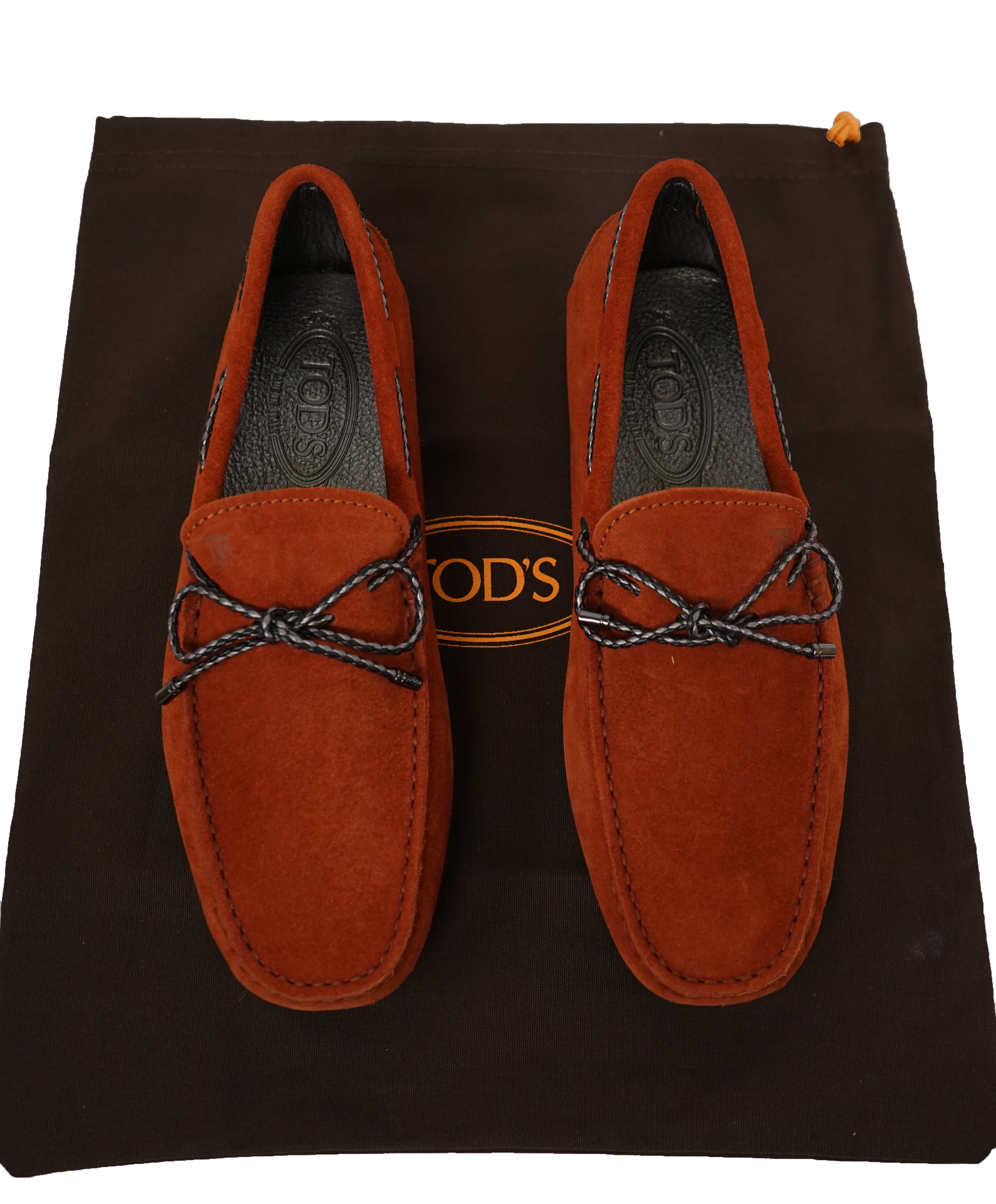 TOD’S - Red Rust Textured Knot Front Logo Suede “Laccetto Gommini” Loafers- 6