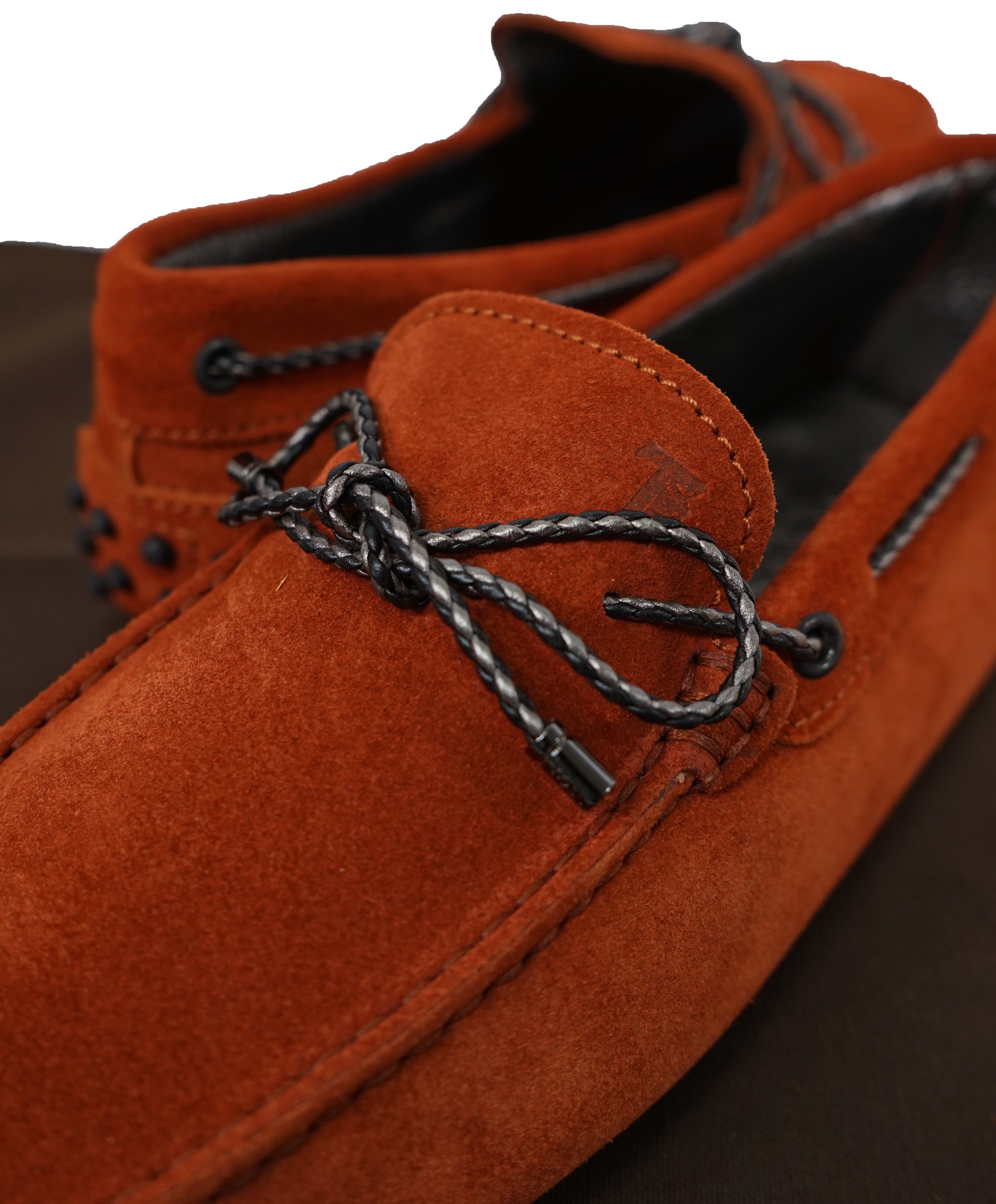 TOD’S - Red Rust Textured Knot Front Logo Suede “Laccetto Gommini” Loafers- 6