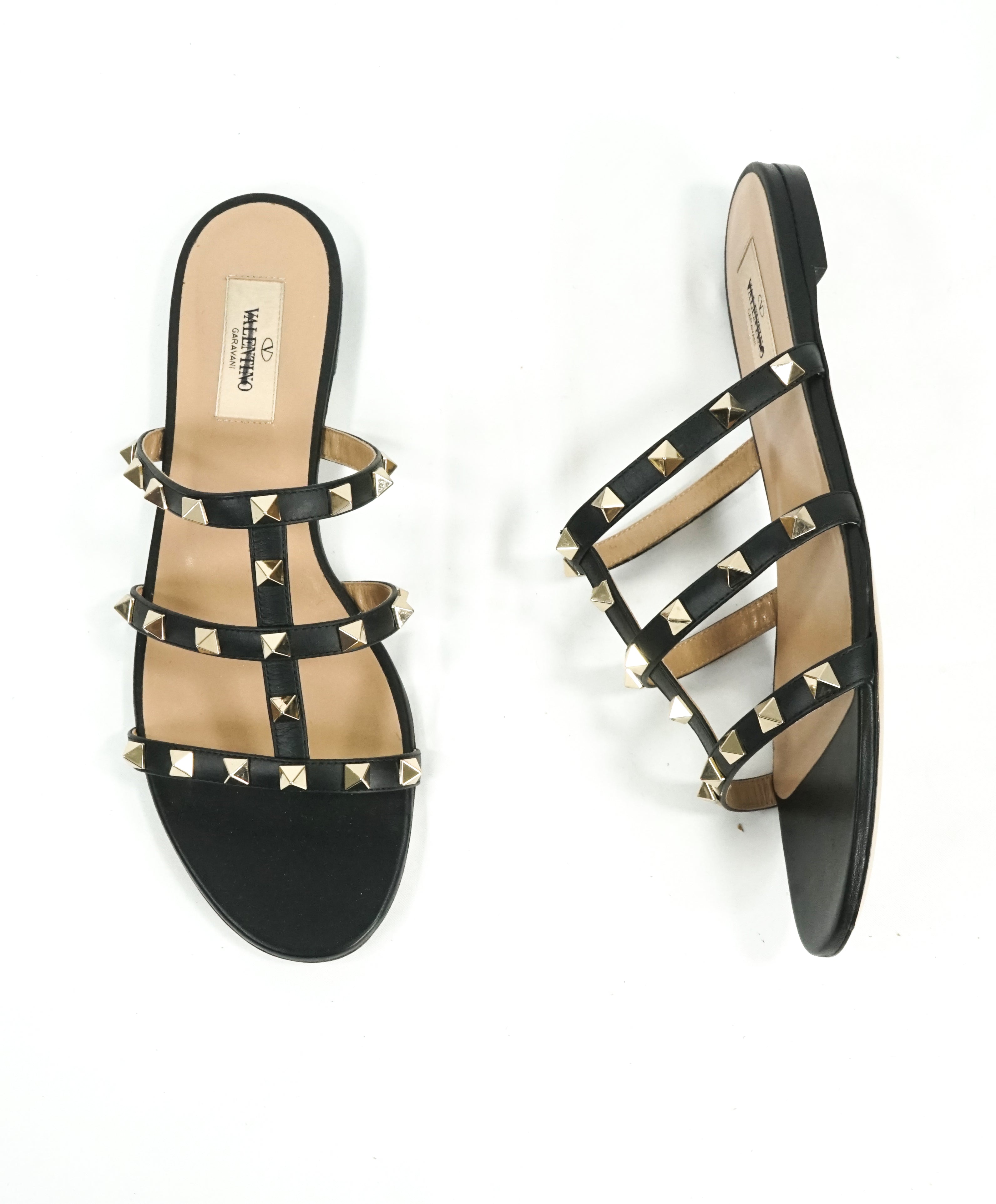 VALENTINO GARAVANI - Rockstud Caged Slides Black Sandal Flats - 8