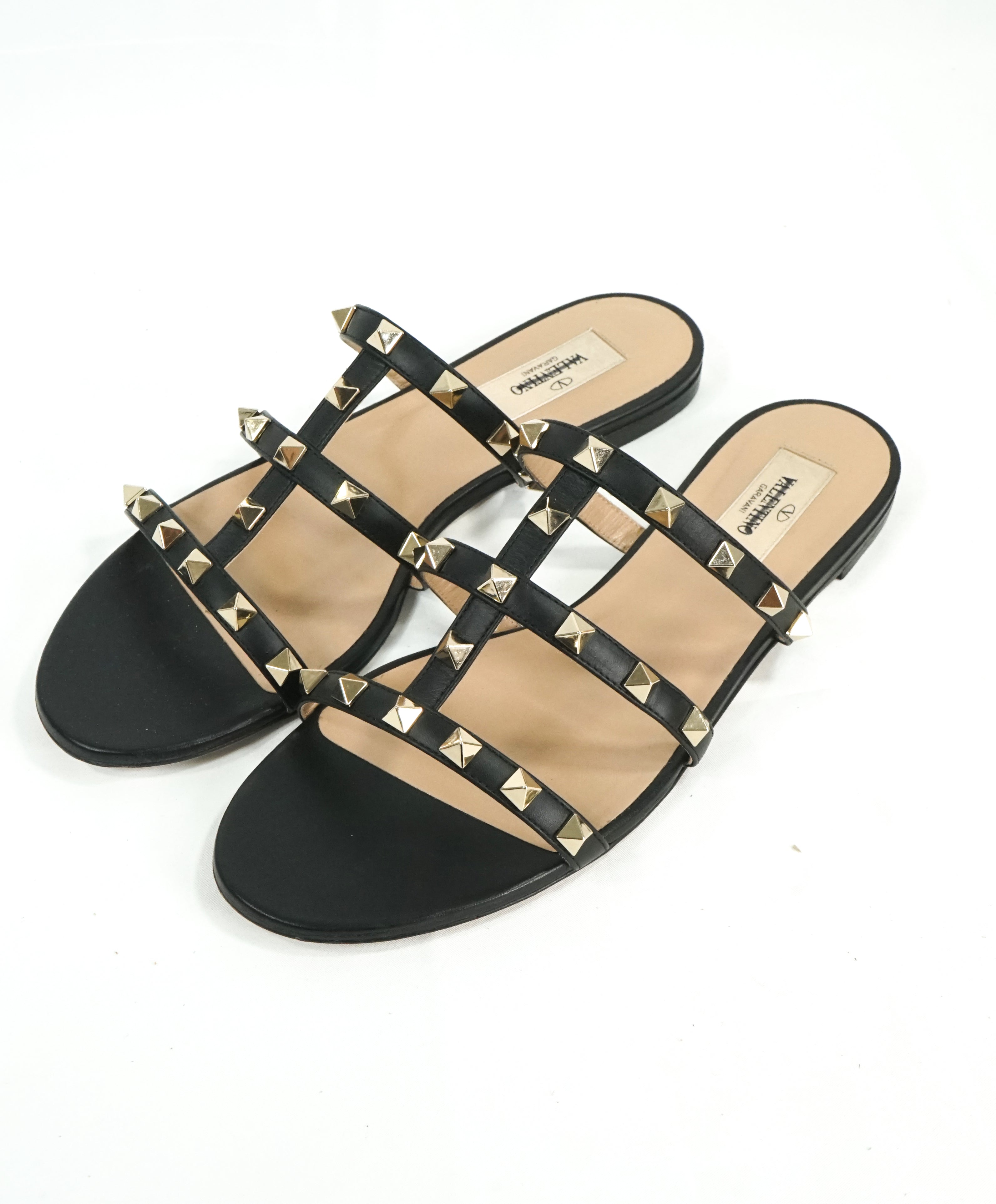 VALENTINO GARAVANI - Rockstud Caged Slides Black Sandal Flats - 8