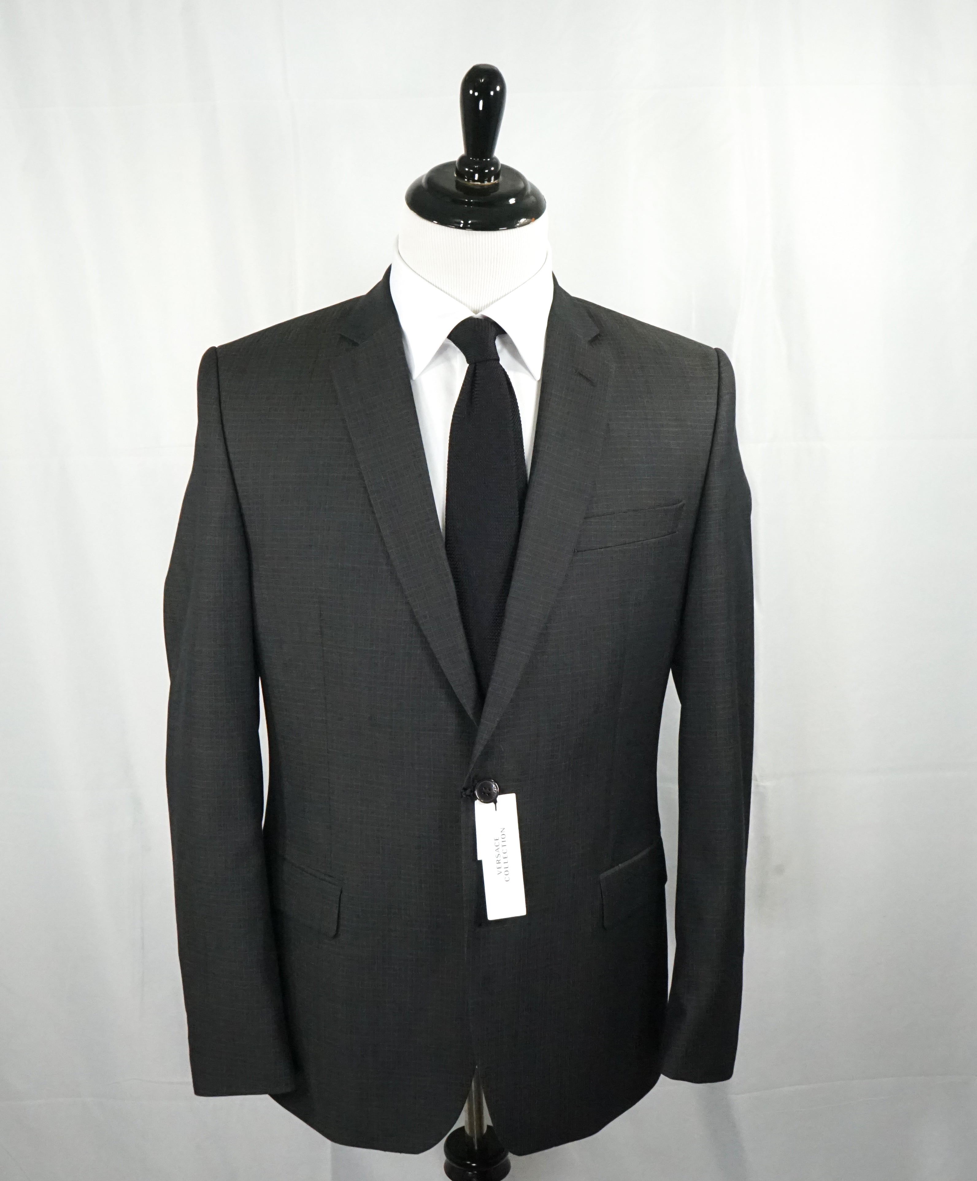 VERSACE COLLECTION - Notch Lapel Gray Micro Check Suit Engraved Buttons - 42R